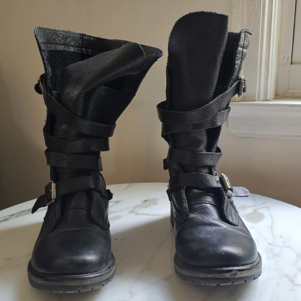 STEVE MADDEN Women's Black Strappy Leather BANDDIT Combat Boots
